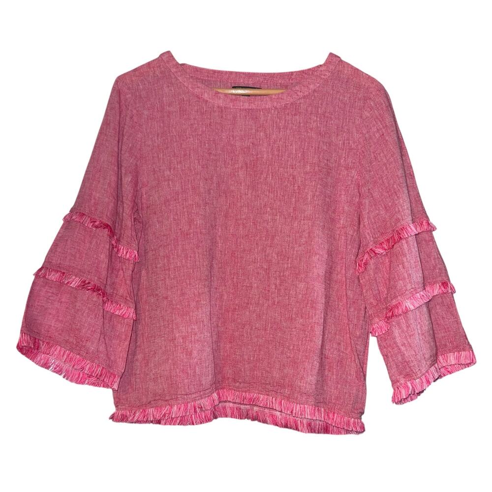 For Cynthia Linen Cotton Blend Pink Fringe 3/4 Sleeve Top PETITE Large Beach